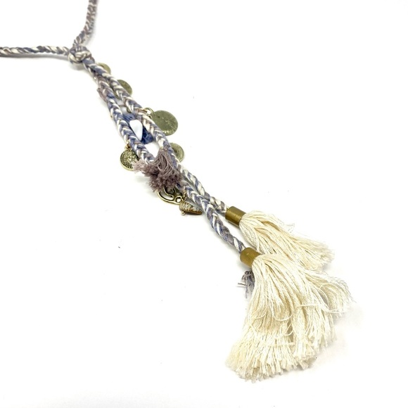New Free People Coin Tassel Necklace Textile Gold Purple Cream - Picture 4 of 7